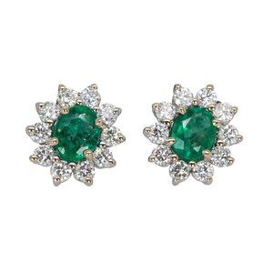 Zambian Emerald & Natural Diamond Earrings in Solid 14K White Gold